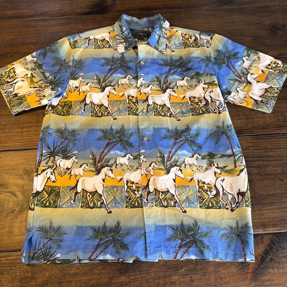 Roper Youth XL Horse Hawaiian Shirt Western Tropical Palm Trees Button Up